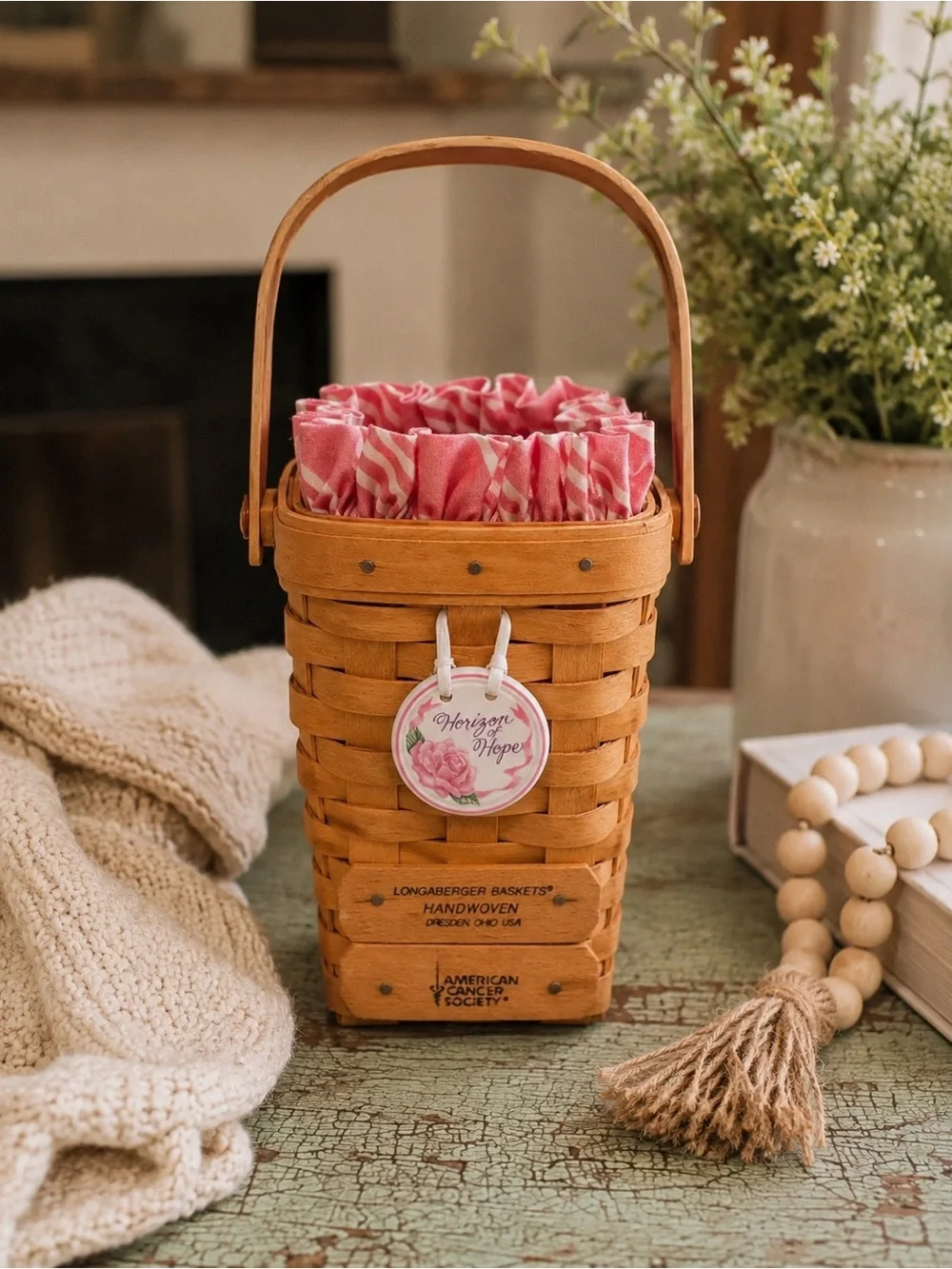 Longaberger 1998 Horizon of Hope Basket w Liner Protector Tie-On USA